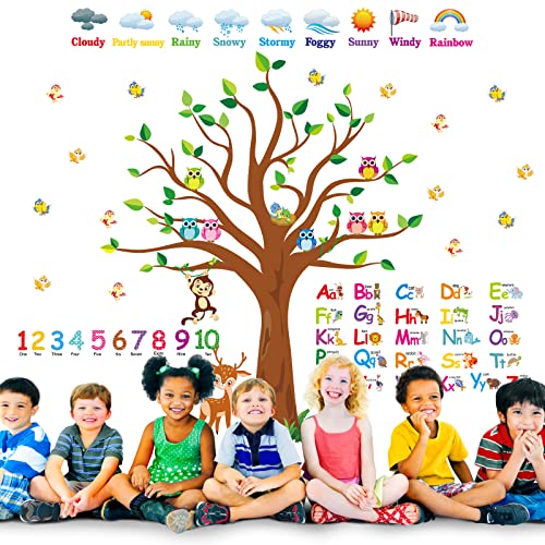 Pajean 4 Sheets Animal Alphabet Numbers Colour Decals for Kids Numbers Learning Children Educational Wall Decals ABC Weather Tree Stickers for Classroom Bedroom Playroom Room Decor Nursery