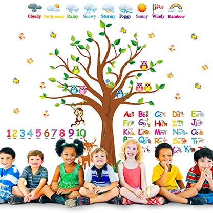 Pajean 4 Sheets Animal Alphabet Numbers Colour Decals for Kids Numbers Learning Children Educational Wall Decals ABC Weather Tree Stickers for Classroom Bedroom Playroom Room Decor Nursery