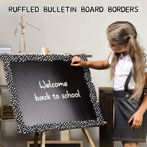 Suncalla 2 Roll 66 ft Black and White Bulletin Board Borders for Classroom Decor Ruffled Bulletin Board Burlap Scalloped Border Trims for Chalkboard Office Wall Decor(Black and White Dots) - style: Black and White Dots