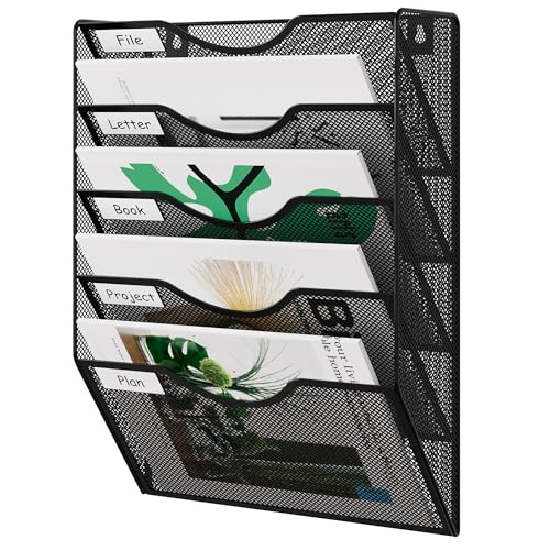 EasyPAG Wall File Organizer 5 Tier Hanging Paper Folder Holder, Zero Assembly Metal Mesh Wall Mounted Mail Organizer for Office Home Classroom Narrow Spaces, Black - color: Black, size: 5 Tier