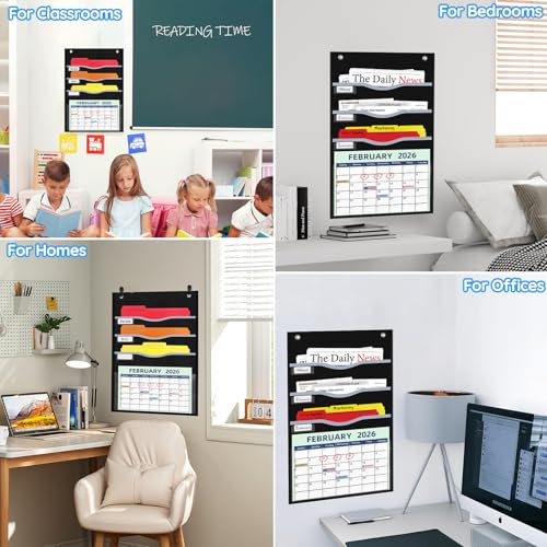 ALSLEA 4 Pockets Hanging Wall File Organizer 15" Extra Wide Pocket Chart for Classroom, Office, Home, Mail Organizer Wall Mounted with 1 Writable Clear Pocket, 5 Wall/ Door Hooks & 12 Labels (Black) - size: Small (4 Pockets)