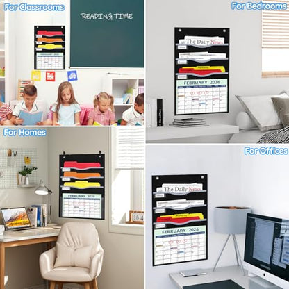 ALSLEA 4 Pockets Hanging Wall File Organizer 15" Extra Wide Pocket Chart for Classroom, Office, Home, Mail Organizer Wall Mounted with 1 Writable Clear Pocket, 5 Wall/ Door Hooks & 12 Labels (Black) - size: Small (4 Pockets)