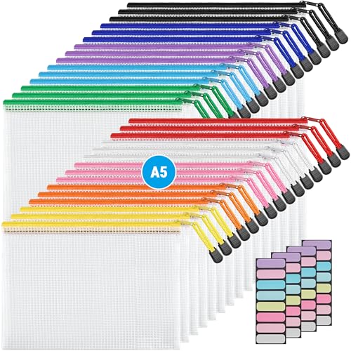 JARLINK 30 Pack 10 Colors Zipper Mesh Document Pouch, 6x9 Inch/A5, Plastic Water-Resistant File Bags, for School Office Supplies, Cosmetics Travel Storage, Assorted Color - size: A5-30pcs