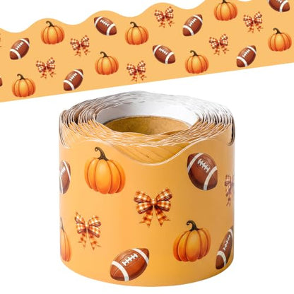 BeYumi Fall Orange Border Trim - 65ft Pumpkin Rolled Border Classroom Decor | Autumn Thanksgiving Pumpkin Bows Football Bulletin Board Border Set School Classroom Chalkboard Home Harvest Party Decoration - style: Pumpkin Bow Football
