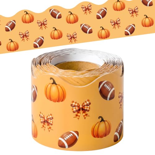 BeYumi Fall Orange Border Trim - 65ft Pumpkin Rolled Border Classroom Decor | Autumn Thanksgiving Pumpkin Bows Football Bulletin Board Border Set School Classroom Chalkboard Home Harvest Party Decoration - style: Pumpkin Bow Football