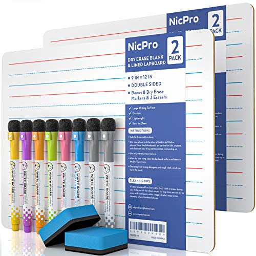 Nicpro Dry Erase Lap Board 9 x 12 inches 2 Pack Ruled Kid Double Sided Blank & Lined Small Lapboard with 8 Pens, 2 Eraser, Learning Mini Whiteboard Portable for Student and Classroom Use - color: Lined, size: 2 Pack 9 × 12 inches