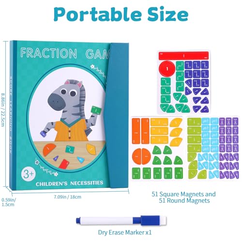 Magnetic Fraction Educational Puzzle, Magnetic Fraction Demonstration Book, Fraction Tiles & Circles, Montessori Math Manipulatives for Elementary School, Fraction Learning Toys for Kids - color: Zebra