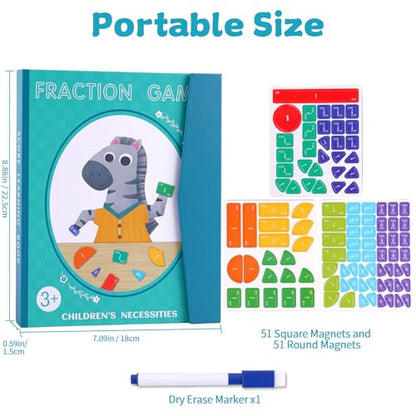Magnetic Fraction Educational Puzzle, Magnetic Fraction Demonstration Book, Fraction Tiles & Circles, Montessori Math Manipulatives for Elementary School, Fraction Learning Toys for Kids - color: Zebra