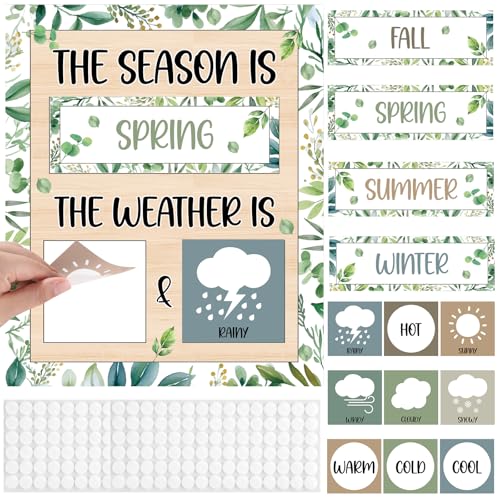 Eucalyptus Leaves Season and Weather Calendar Bulletin Board Season Calendar Posters with Weather Cards Hook and Loop Dots for Classroom Wall Decor Preschool Kindergarten Student Teacher Supplies - style: Eucalyptus Leaves