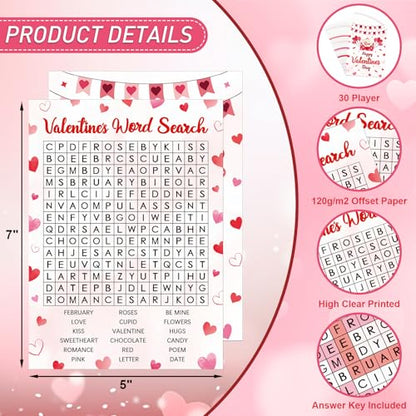 30 Players Valentine's Party Games for Adults Family Office Large Groups, Valentine Parties Word Search Game Card with Answer Key, Valentines Day Classroom Activities Party Favor (Valentines Search) - style: Valentines Search