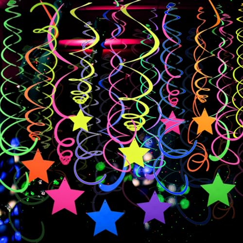 56 Pieces UV Hanging Swirls Decorations Paper Neon Streamer for Ceiling Star Neon Garlands Black Light Neon Decorations for Dark Glow Party Supplies and Decorations Birthday Neon Party Favors - color: 7 Colors 56 Pieces Swirls and Stars