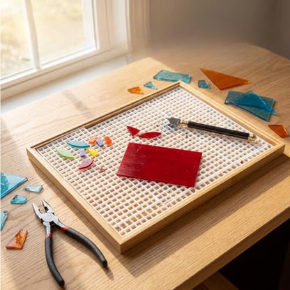 Stained Glass Cutting Mat - Double Layer Detachable Grid Mat for Glass Cutting with Fragment Catcher (17"x12") for Craft, Tile & Glass Cutting Projects