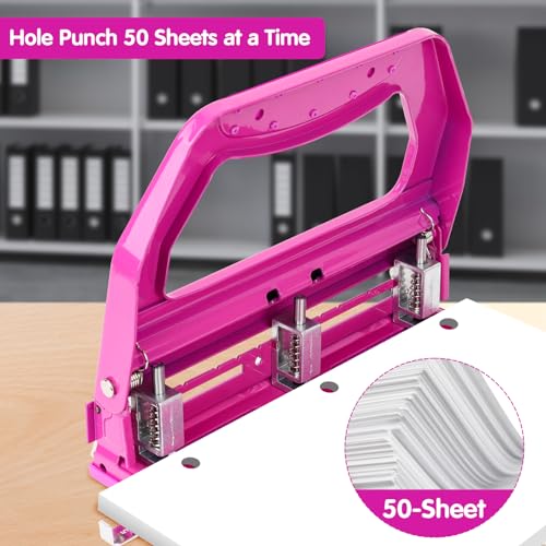 AFMAT 3 Hole Punch Heavy Duty, 9/32" Holes, 50-Sheet Hole Puncher 3 Ring, 50% Reduced Effort, Adjustable Two & Three Hole Punch, Metal Paper Puncher w/Large Chip Tray, Metal Paper Guide, HP18 - color: Purple