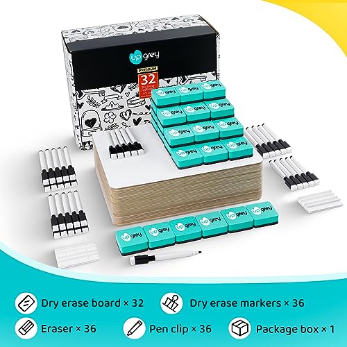 Dry Erase Lapboards 32 Pack, Double-Sided Small White Board for Classroom Student, 9"x12" Portable Dry Erase Board Bulk, Mini Whiteboard with 36 Pens, 36 Erasers & 36 Pen Holders, for Teacher Supplies