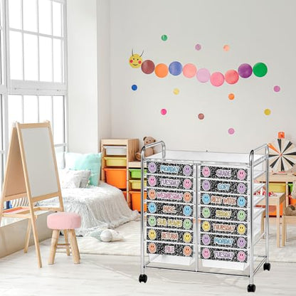 Whaline 12 Pcs Boho Rolling Storage Cart Labels Pastel Happy Face Composition Drawer Rolling Cart Label for Back to School Home Office Classroom Organization