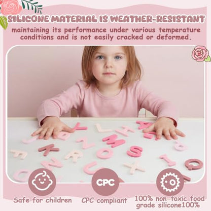 VioraWhite 26 Pcs Food Grade Silicone Magnetic Letters (Sealed Magnet, CPC Certified) Toddler Fridge Bulk ABC Educational Learning Toy for Baby Kid Girl Boy Gift(Rose Pink,Letter) - color: Rose Pink, style: Letter