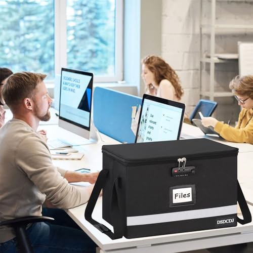 File Box with Lock - Portable File Organizer Box with Handle, Sturdy Important Document Organizer with Label, Slide, Reflective Strip for Hanging Letter/Legal Folder - size: 15.5" x 12.3" x 10.5", style: Black 1 Pack- Box with Lock