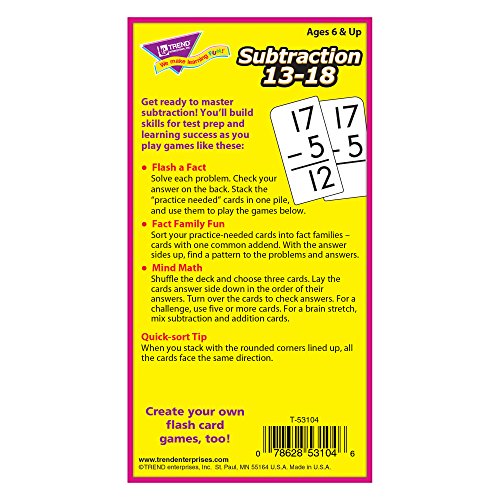 Trend Enterprises: Subtraction 13-18 Skill Drill Flash Cards, Exciting Way for Everyone to Learn, Self-Checking Design, Great for Skill Building and Test Prep, 99 Cards Included, Ages 6 and Up