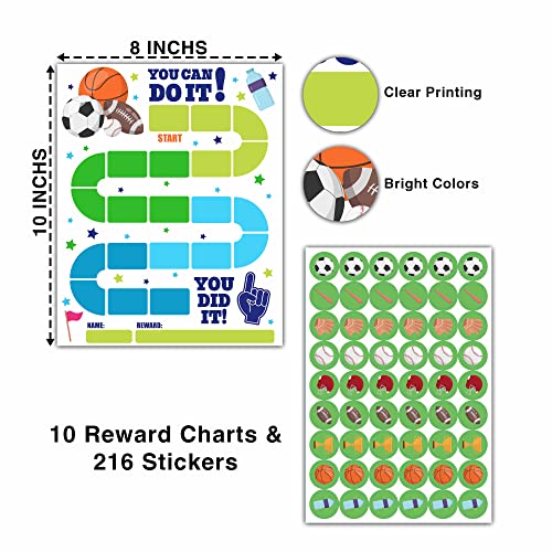 10 Sports Reward Chart with 216 Round Stickers, Incentive Behavior Chart for Kids at Home Classroom, Kids Routine Daily Chore Sticker Chart-A14 - style: Sports Reward Chart with
