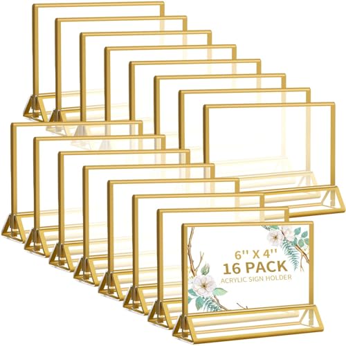 Smarpau 4x6 Acrylic Sign Holder with Gold Frames，16 Pack Wedding Table Number Holders，Double Sided Table Menu Acrylic Sign，Horizontal Picture Frame，Restaurant Sign，Photos Display，Paper Display Stand