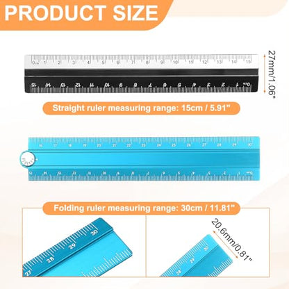 HARFINGTON Folding and Straight Ruler Kit 30/15cm Metric Aluminum Alloy Plastic Protractor Foldable Angle Ruler for Home Classroom Office, Blue - color: Blue