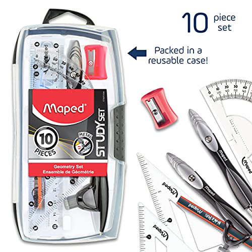 Maped Study Geometry 10 Piece Set - Advanced Student Kit - Precision Tools - Durable & Ergonomic Design - Enhances Creativity - Quality Materials