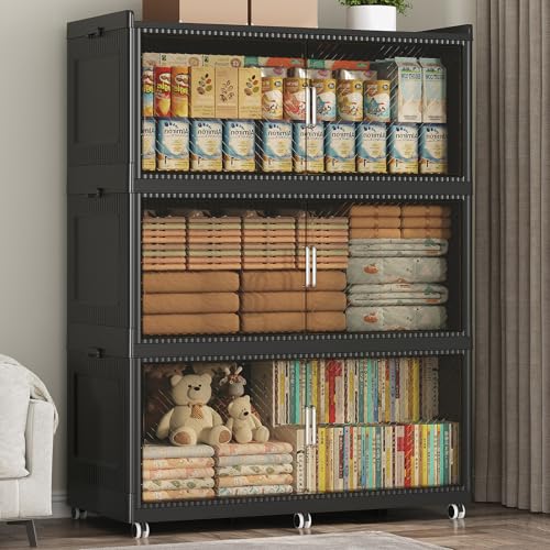 600QT Storage Bins with Lid Extra Large Stackable Closet Organizer Plastic Container Box, 150Gal 3-Tier Collapsible Cabinet with Wheels and Doors for Living Room Kitchen Office Dorm, Black - color: Black, size: 200QT-3Pack