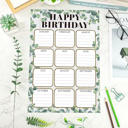 Birthday Chart Poster for Classroom Eucalyptus Happy Birthday Calendar Poster Greenery Reusable Laminated Chart Bulletin Board Decoration for Class Back to School Chalkboard Wall Teacher Supplies