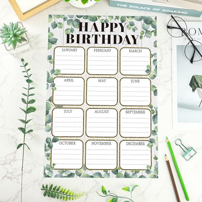 Birthday Chart Poster for Classroom Eucalyptus Happy Birthday Calendar Poster Greenery Reusable Laminated Chart Bulletin Board Decoration for Class Back to School Chalkboard Wall Teacher Supplies
