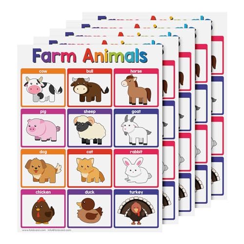 FoldCard Farm Animals Chart Educational Poster 8.5x11 5pk | Glossy cardstock; bright classroom decorations; preschool-grade 1 learning aid for kids & school supplies - color: Farm Animals