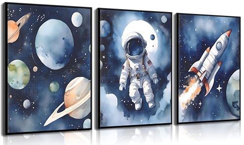 3Pcs Nursery Astronaut Wall Art Kids Space Planets Theme Canvas Painting Rocket Spaceman Wall Decor Explore Dream Galaxy Poster Prints Funny Outer Space Picture for Boys child Bedroom Living Unframed - color: Blue, size: 12x16 posters