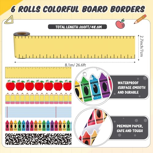 Tenceur 160ft Classroom Bulletin Board Borders Decoration, 6 Rolls Apple Crayon Pencil Borders for Bulletin Board, Scalloped Border Trim for Summer Back to School Office Chalkboard Whiteboard Poster - style: Teacher Style
