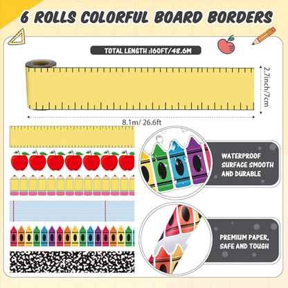 Tenceur 160ft Classroom Bulletin Board Borders Decoration, 6 Rolls Apple Crayon Pencil Borders for Bulletin Board, Scalloped Border Trim for Summer Back to School Office Chalkboard Whiteboard Poster - style: Teacher Style