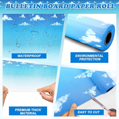 Blue Sky Cloud Bulletin Board Paper Roll,14.8FTx47IN Large Reusable Waterproof Erasable Classroom Wall Background Backdrop, Fade-Resistant Fabric Wrapping Paper School Decors Teacher Supplies - color: Sky Blue