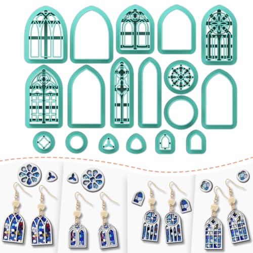 Polymer Clay Cutters - 18 Shapes Gothic Window Earrings Polymer Clay Cutters for Jewelry, Earring Making Kit with Storage Box - style: Church Windows theme (18 pcs)