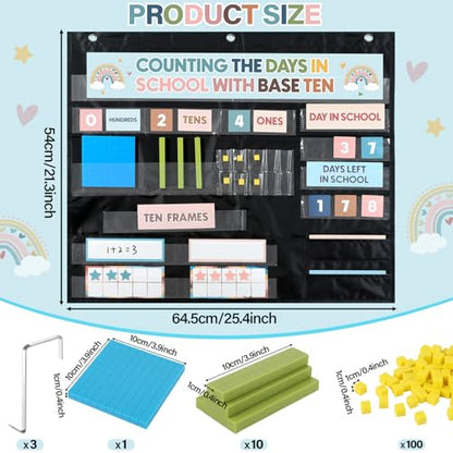 Boho Back to School Counting The Days with Base Ten Pocket Chart Place Value Teaching Materials Counting Pocket Chart for Kids Toddler Learning Activities Classroom Bulletin Board Home Decor - style: Bohemian