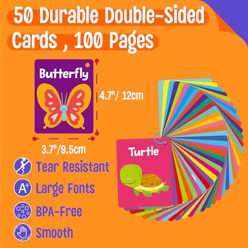 Animal Flashcards, 50 Double-Sided Cards, Wild/Farm/Marine Animal Cards Educational Learning Tools for Preschool and Toddlers Learning (2 Reclosable Rings Attached) - style: Animal Flashcards