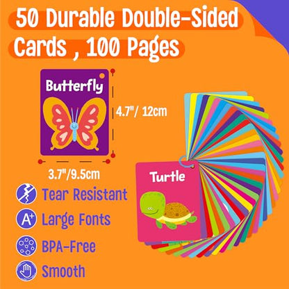 Animal Flashcards, 50 Double-Sided Cards, Wild/Farm/Marine Animal Cards Educational Learning Tools for Preschool and Toddlers Learning (2 Reclosable Rings Attached) - style: Animal Flashcards
