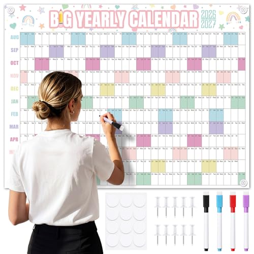 Thenshop 2026-2027 Dry Erase Wall Calendar Large 33'' x 44'' Big Academic Yearly Calendars for Wall Includes Laminated Calendar and Pins Marker for Schedule Planner Classrooms Home Office(Pastel) - style: Pastel