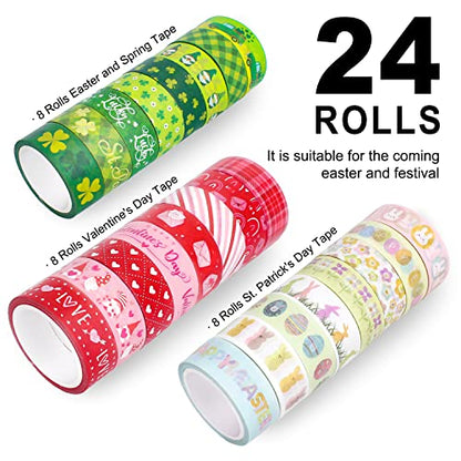 Whaline 24 Rolls Holiday Washi Tape Set Shamrock Easter Egg Heart Masking Tape 0.6 in Green Clover Happy Easter Valentines St. Patrick's Day Decorative Paper Stickers for Scrapbook DIY Craft, 16.4 Ft - style: Valentines St Patricks Easter