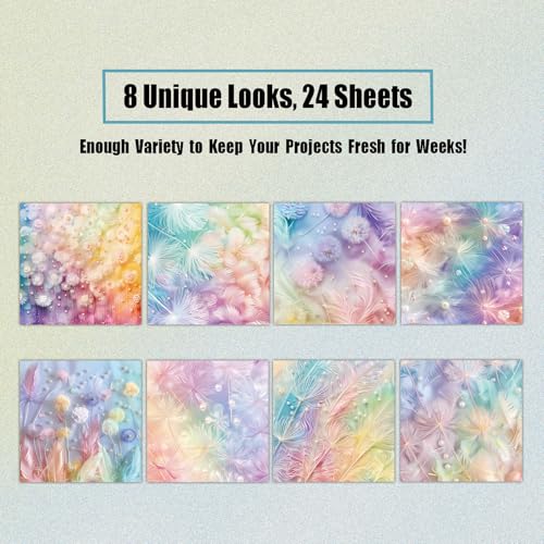 Dreamy Dandelion Feather Pearl Scrapbook Paper Pad - 24 Sheets Soft Pastel Gradient Designs - 15x15cm Square Craft Paper for Junk Journal Decoupage - color: Rainbow Feathers
