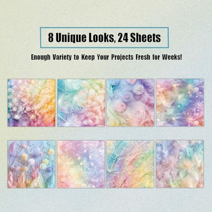 Dreamy Dandelion Feather Pearl Scrapbook Paper Pad - 24 Sheets Soft Pastel Gradient Designs - 15x15cm Square Craft Paper for Junk Journal Decoupage - color: Rainbow Feathers