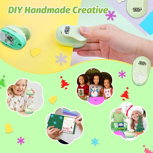 UCEC Hole Punch 1 Inch Craft Christmas Snowflakes Bells Shapes 30 Pieces Hole Puncher for Crafts Set with Craft Paper Cardstock, Mix Shape Designs Hole Puncher for Kids for Crafting Scrapbooking - style: 3 Diffrent Shapes Punch & 30 Craft paper