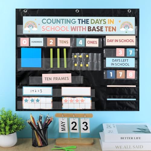Boho Back to School Counting The Days with Base Ten Pocket Chart Place Value Teaching Materials Counting Pocket Chart for Kids Toddler Learning Activities Classroom Bulletin Board Home Decor - style: Bohemian