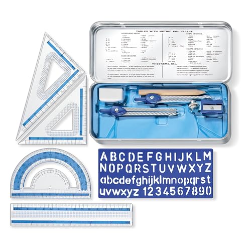 STAEDTLER 10-Piece Math Set with Metal Compass, 6" Ruler & Triangle Squares, 45° & 30/60° Set Squares, Alphabet Stencil - Measuring Tools - style: 10 Piece Set (Metal Tin)