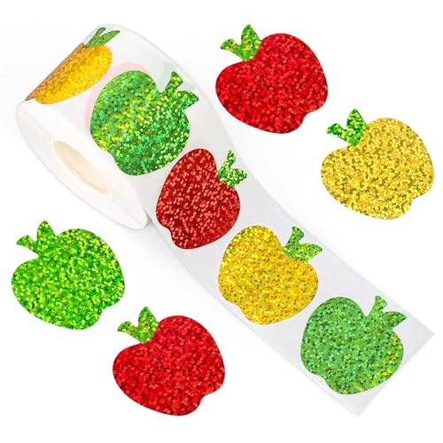 Whaline Back to School Apples Stickers Roll Holographic Apples Waterproof Decals Self-Adhesive Sparkly Teacher Reward Stickers for First Day of School Party Supplies Envelope Scrapbook Decor, 500Pcs - style: Apple