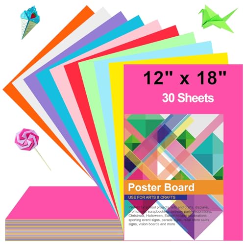 30 Pcs Poster Board Colorful Paper 12x18, ROOKEA Vision Boards Bulk Blank Graphic Display Posterboard Card Paper for Arts Craft Projects Drawing Scrapbooking - size: 12" x 18"