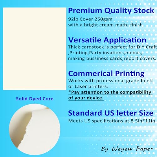 100 Sheets 92lb Cream Cardstock, 8.5" x 11", Thick Off-White Paper Envelopes Making Blank Invitation Paper Greeting Cards DIY Craft Card Making, 92LB Cover 250 GSM - color: Cream, size: 92lb-100sheets