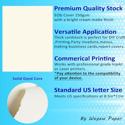 100 Sheets 92lb Cream Cardstock, 8.5" x 11", Thick Off-White Paper Envelopes Making Blank Invitation Paper Greeting Cards DIY Craft Card Making, 92LB Cover 250 GSM - color: Cream, size: 92lb-100sheets