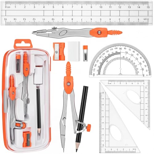 Zonon Math Geometry Set 10 Pcs Student Supplies with Shatterproof Storage Box, Includes Rulers Protractor Compass Pencil Sharpener Lead Refills Eraser Pencil for Drafting and Drawings(Orange) - color: Orange